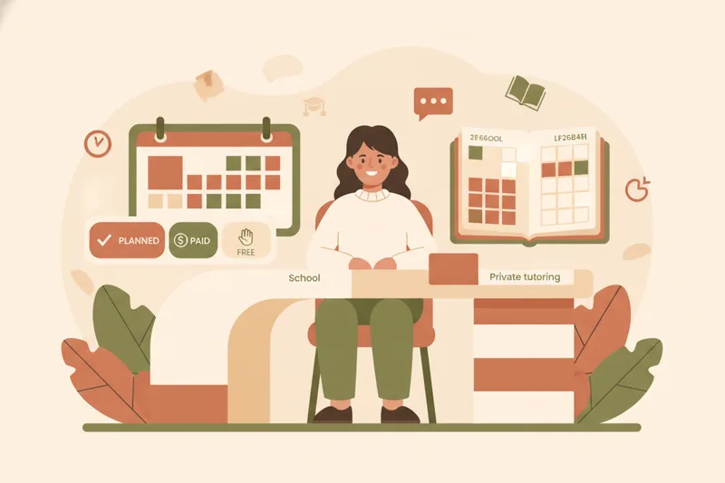Illustration of a teacher managing lesson schedule and a separate lesson ledger for tutoring