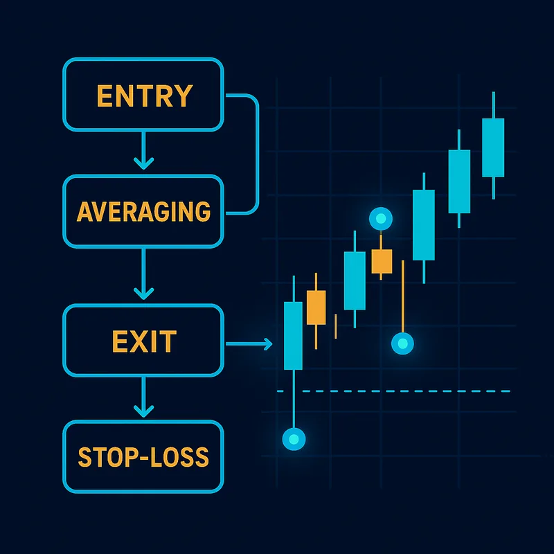 Rules map connecting entry, exit, and stop-loss conditions with triggers on the chart