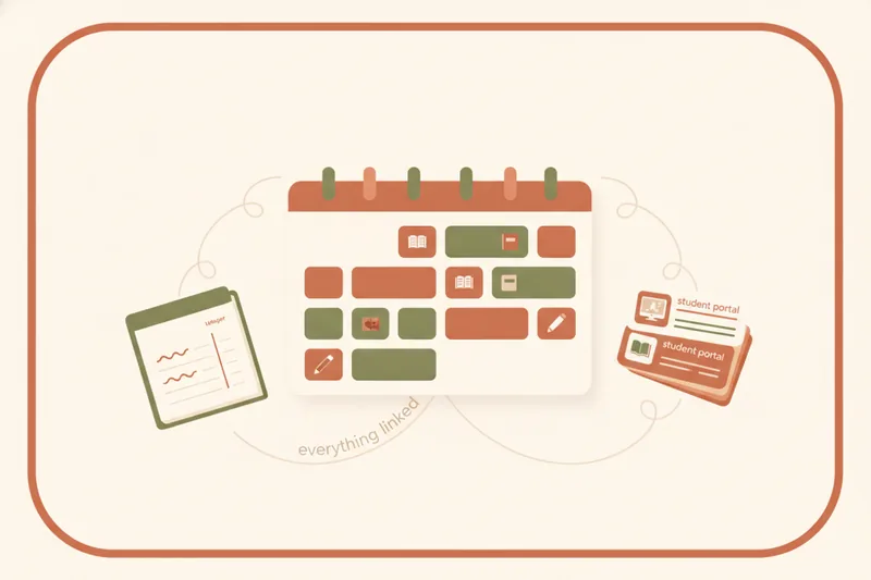 Escena amplia de un tutor gestionando calendario, saldo y materiales en un solo lugar