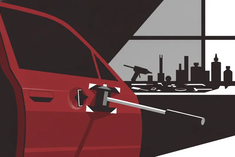 Wide illustration of a car panel dent being pulled using a glue tab and puller setup