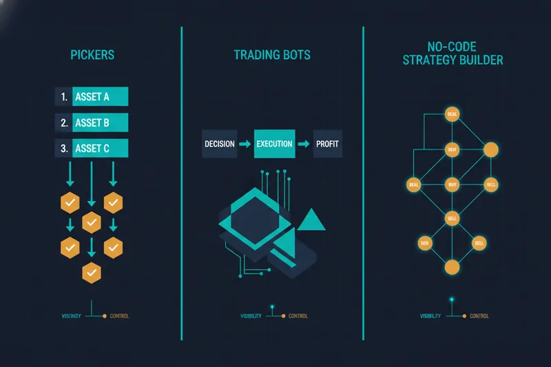 Illustration comparing AI stock pickers, trading bots, and no-code strategy builders