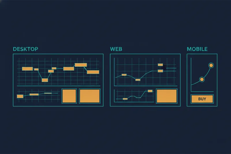 Illustration of thinkorswim on desktop, web, and mobile with chart panels