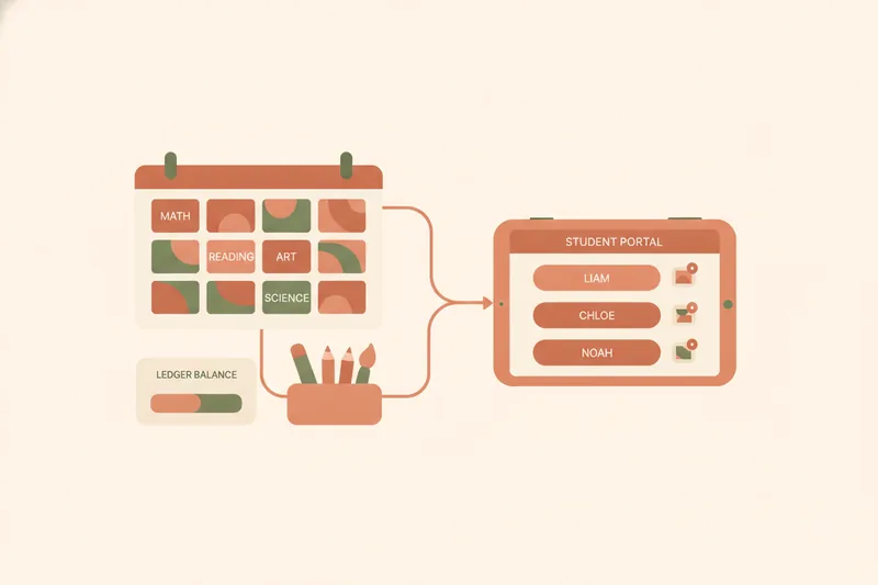 Wide illustration of a calm teacher workspace combining lesson scheduling, balances, and lesson materials in one view.