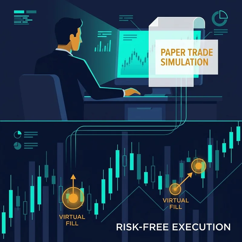 Visual explanation of the concept of paper trading with simulated trades