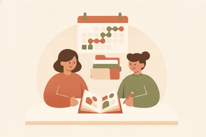 Wide illustration of a teacher and student preparing an organized English lesson.