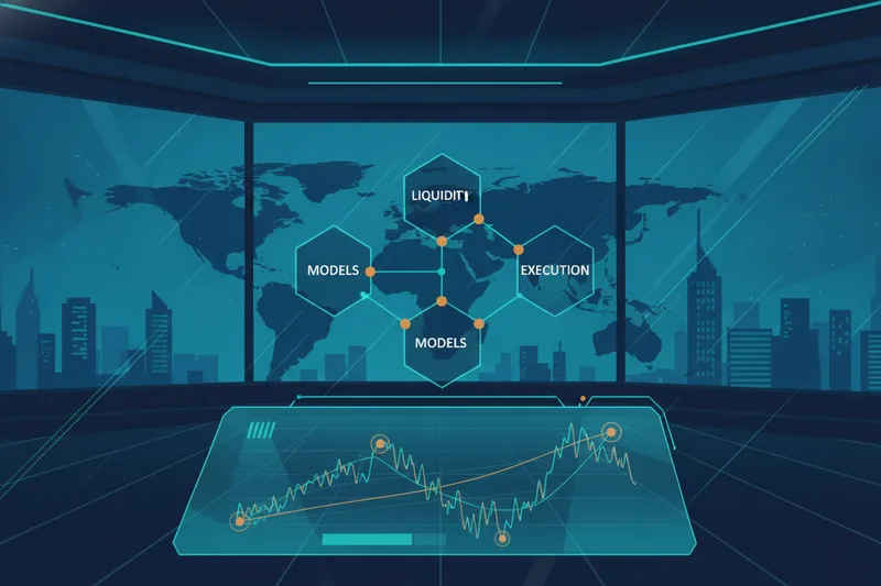 Market making and quant logic visualized with bid-ask spread and fast execution cues
