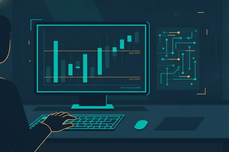 Futures trading workstation with a candlestick chart and visual rule triggers.