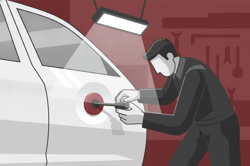 Technician performs paintless dent repair on a dented car door under bright lighting.