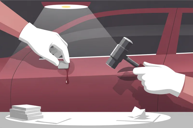 Technician pressing a glue tab on a dented panel with a slide hammer in a PDR shop