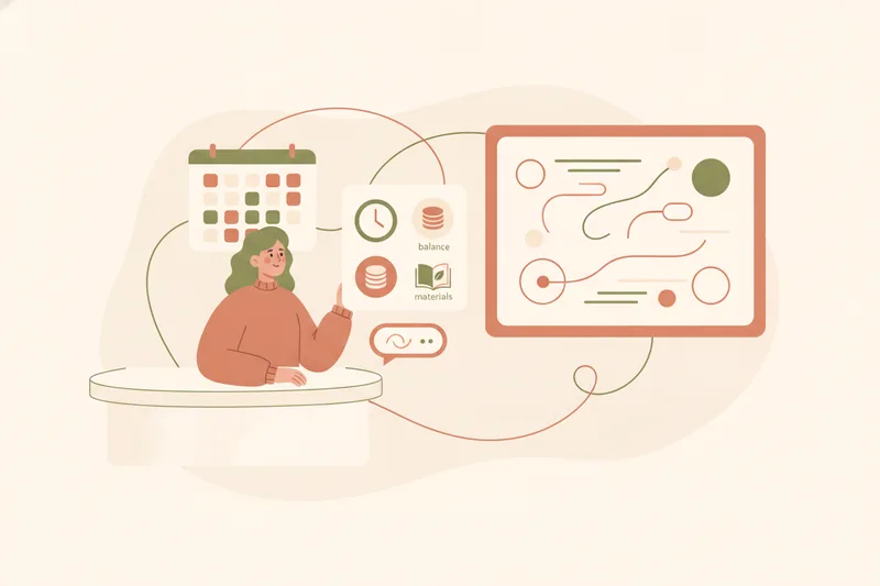 Tutor organizing online language lessons with connected schedule, balance, and materials views