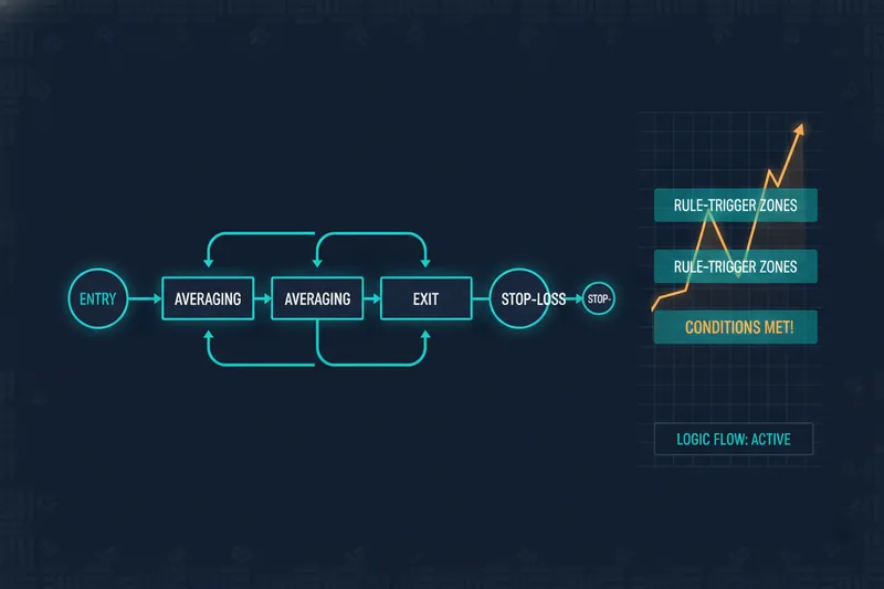 Visual map of operations with entry, averaging, exit, and stop-loss stages
