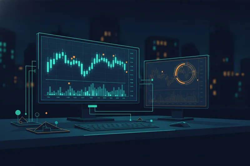 Live trading chart on a monitor showing streaming candles and volume activity