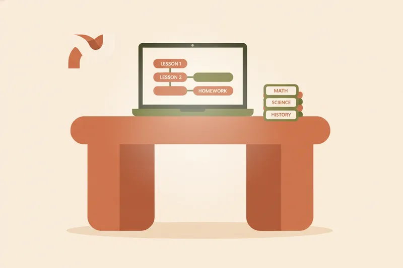 Calm tutoring workspace showing structured scheduling and lesson-linked materials