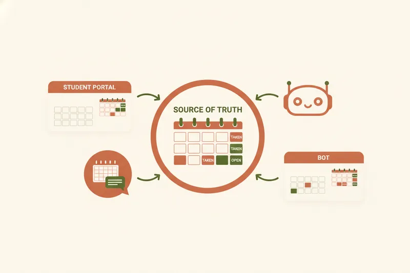 Illustration of a single calendar source of truth syncing availability across booking channels.