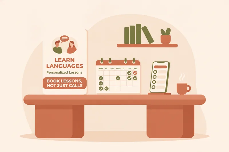 Wide illustration of a tutor’s workspace with a tutoring flyer and booking-ready lesson slots.