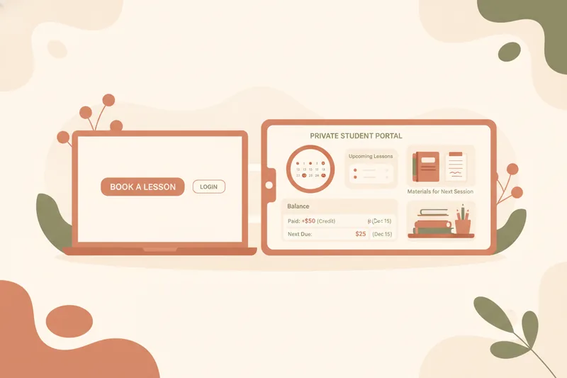 Wide illustration of a connected tutor website and student portal with calendar, ledger balance, and lesson materials