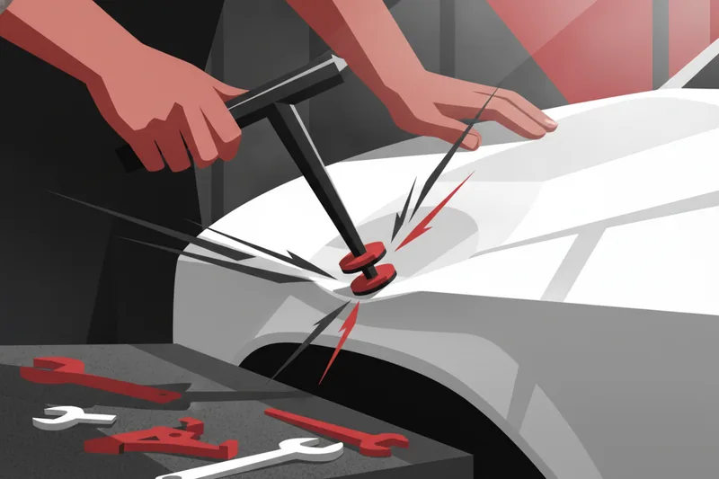 Technician performing a glue-pull step on a hail-dented car panel