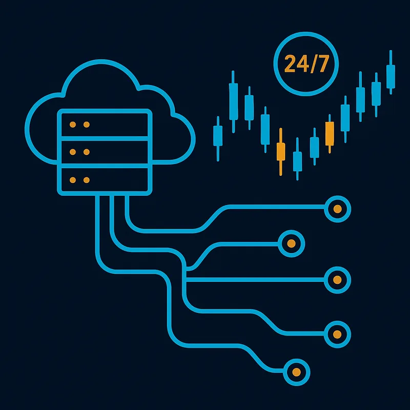 Illustration of a cloud bot running operations 24/7 on connected exchanges