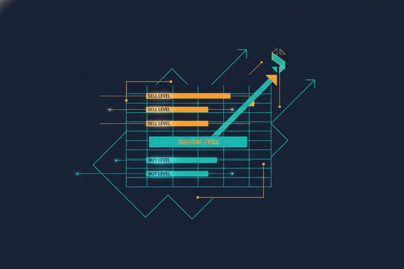 Illustration of a grid of buy and sell levels within a price range.