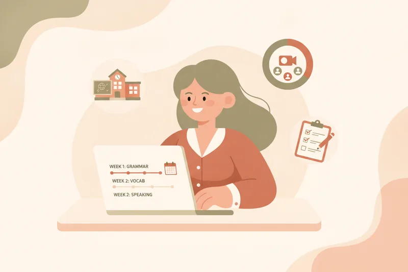 Illustration of a TEFL teacher planning lessons across classroom, online, and exam-prep settings