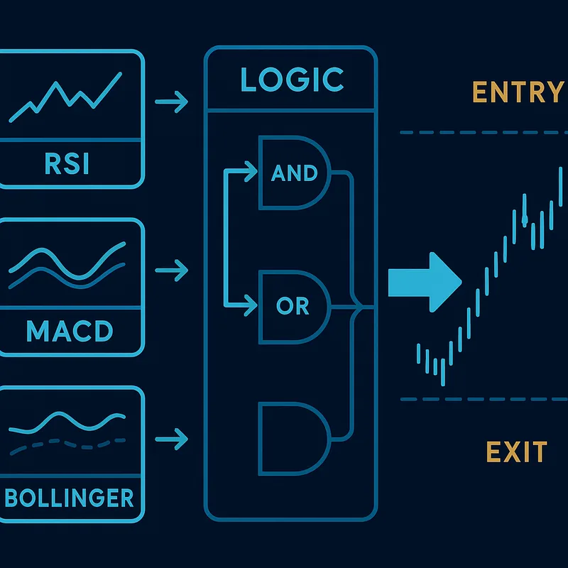 Illustration of the strategy builder with indicators and entry and exit conditions
