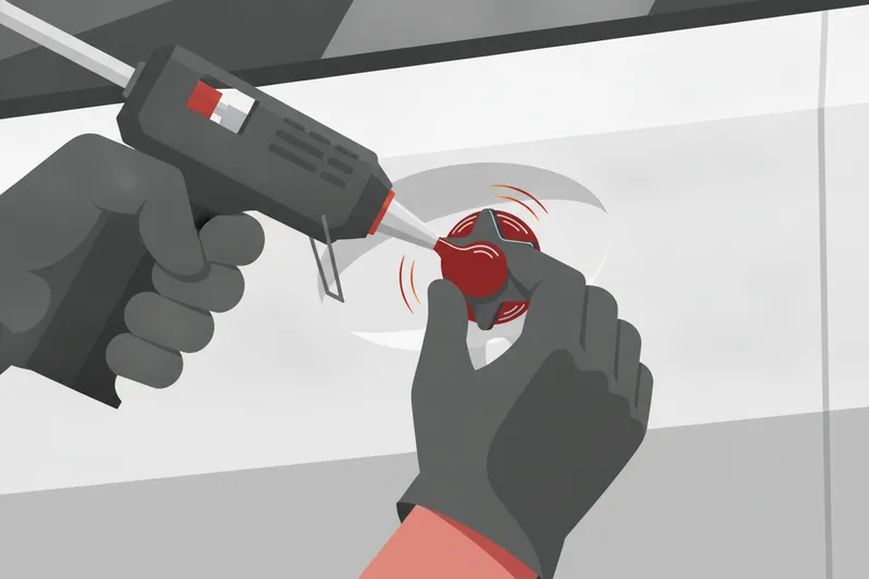 Technician applying hot melt adhesive to a pulling tab on a dented car panel