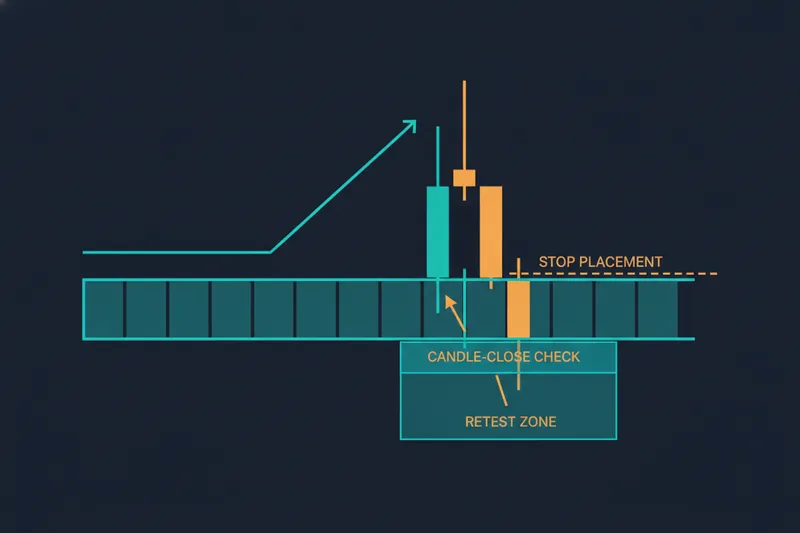 Illustration of false breakouts and confirmation signals in breakout trading, including stop-loss placement