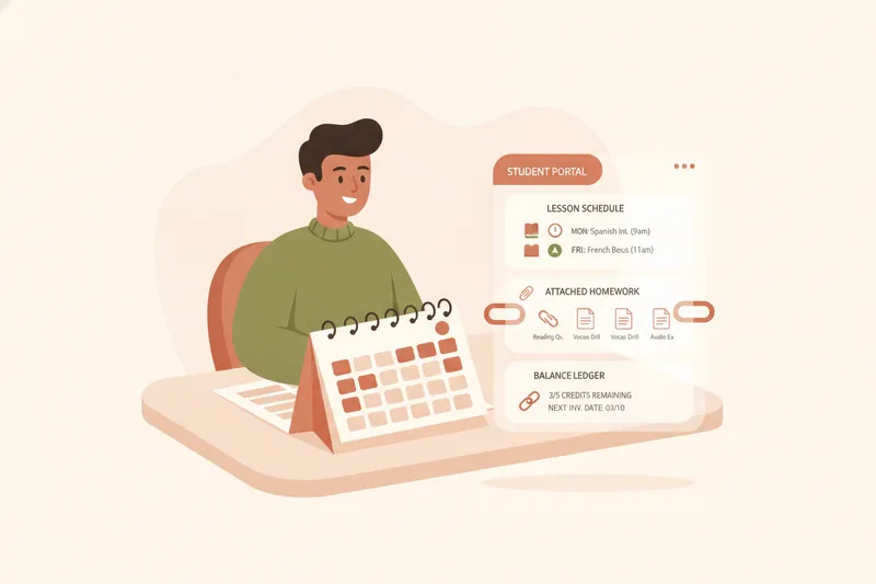 Illustration of a language tutor planning lessons with linked schedule, materials, and balance in a calm workspace