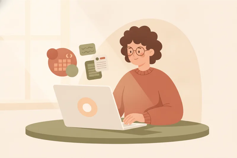 Illustration of an online tutor running lessons from a calm home workspace with scheduling and materials cues.