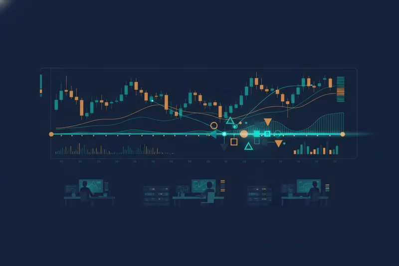 Wide illustration of a crypto chart where multiple indicator rules connect into a highlighted bot trigger path