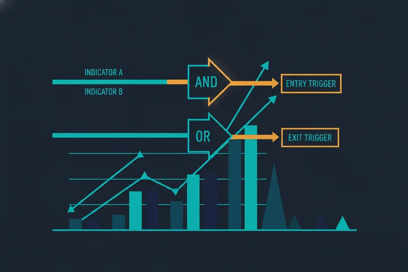 Entry and exit conditions connected as logic over a price chart