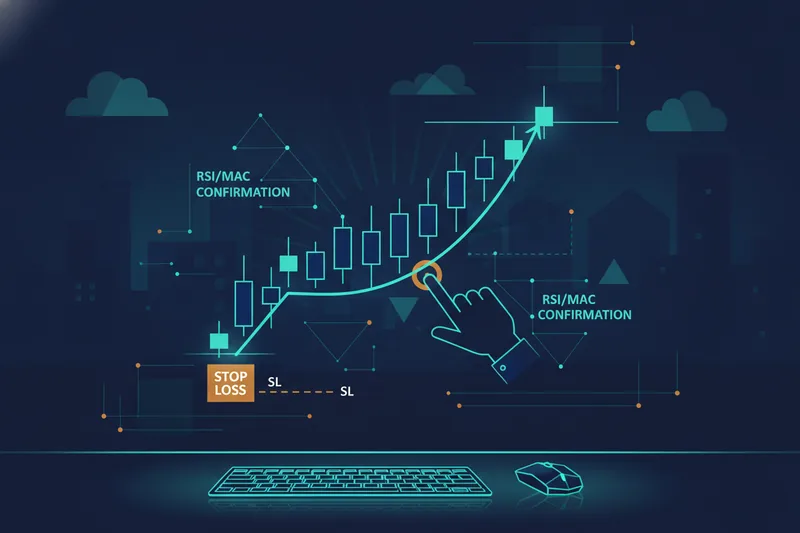 Wide scene of a crypto chart with a multi-day swing, confirmations, and a stop-loss
