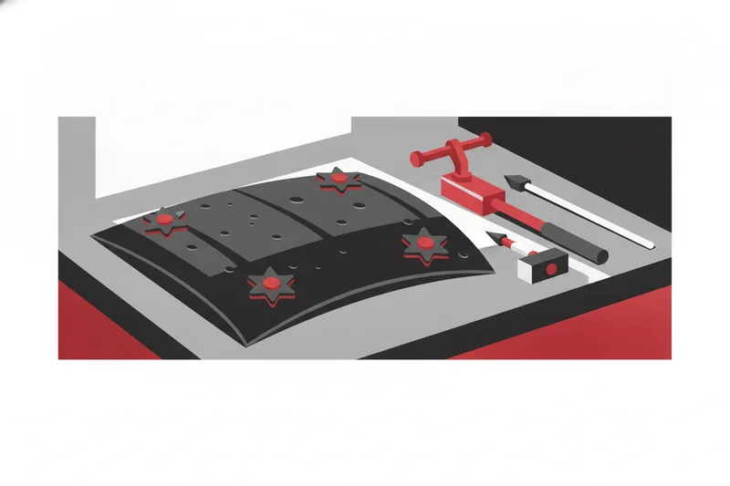 Illustration of a technician preparing tools and tabs for hail dent repair on a car hood.