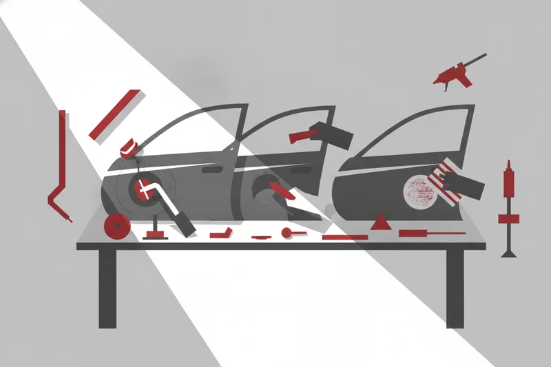 Workshop scene showing a complete professional PDR kit workflow on a car door panel