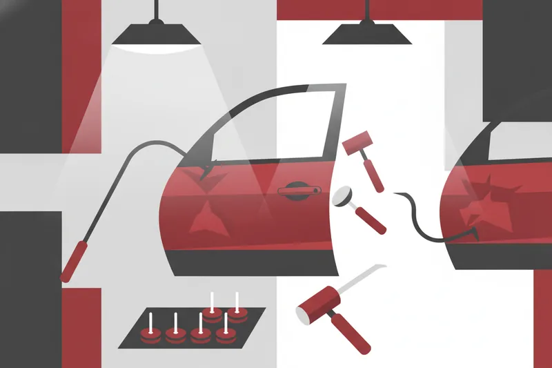 Illustration of a PDR technician using access tools, tappers, and a glue tab system on a dented panel