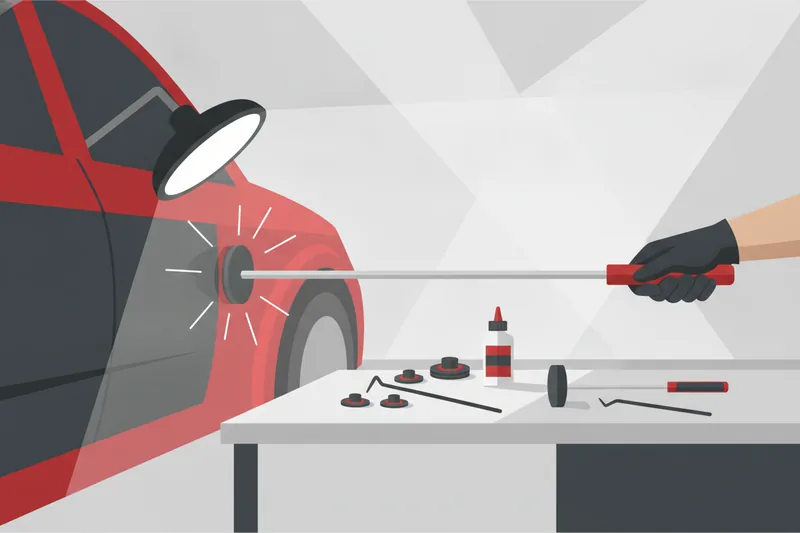 Slide hammer pulling a dent using a centered cold-glue tab on a car panel