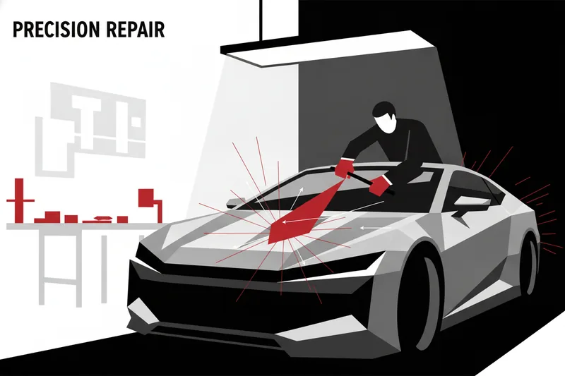 Wide illustration of a technician correcting a dent on a car hood using reflection light and controlled metal movement.