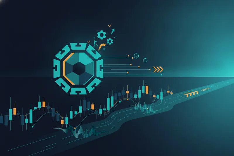 Concept diagram showing a trading bot continuously monitoring the market and placing orders by rules