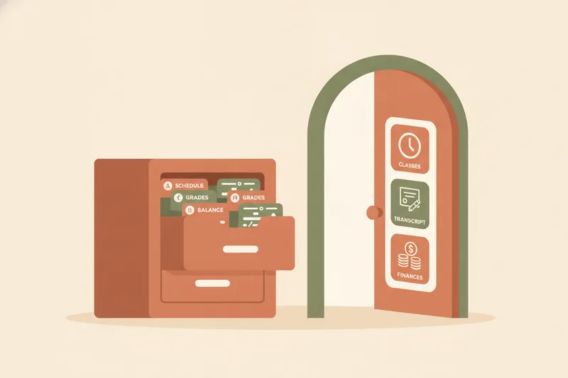 Illustration comparing a student profile as data and a portal as the access door.