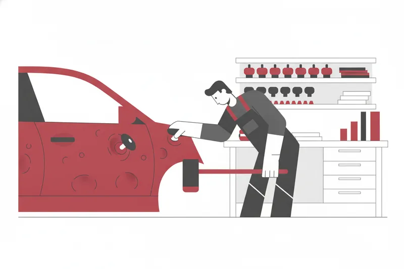 Wide illustration of a hail-repair bay showing a glue tab pull on a dented car panel