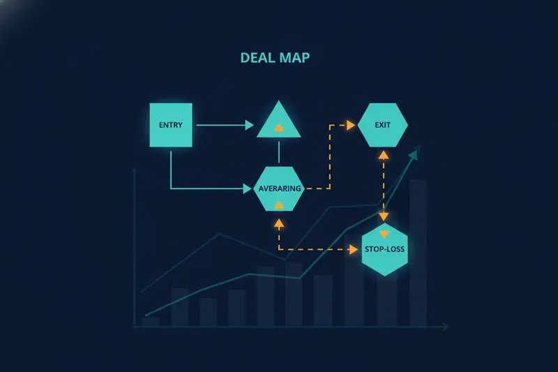 Illustration of a deal map with connected stages: entry, averaging, exit, and stop-loss.