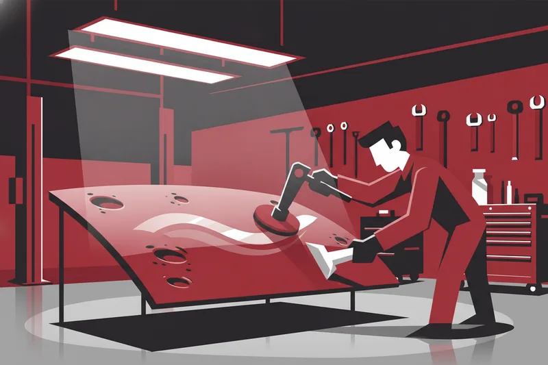 Technician repairing hail damage on a car hood using cold-glue and finishing tools