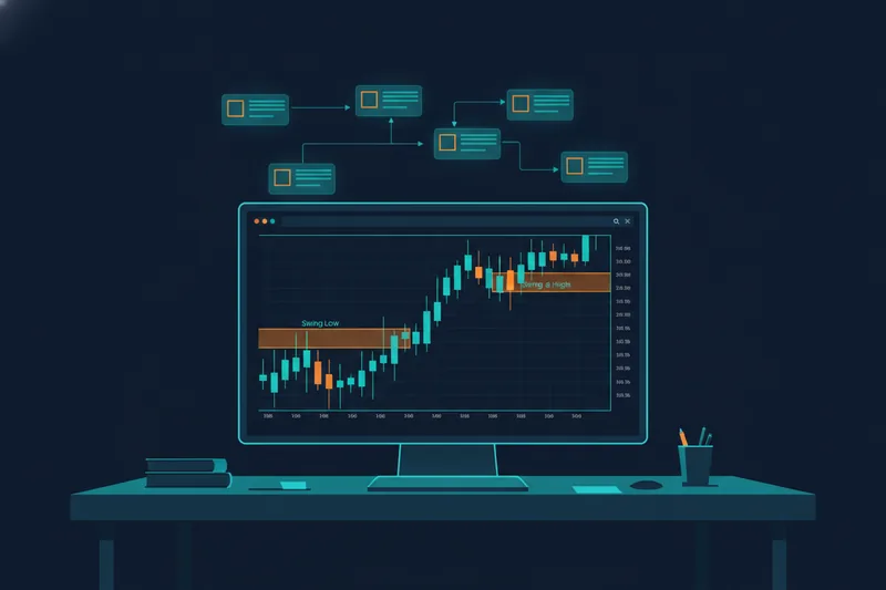 Illustration of a swing trading chart with highlighted swing low and swing high zones and visual rule flow.