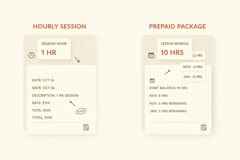 Illustration comparing hourly invoicing versus prepaid lesson package billing