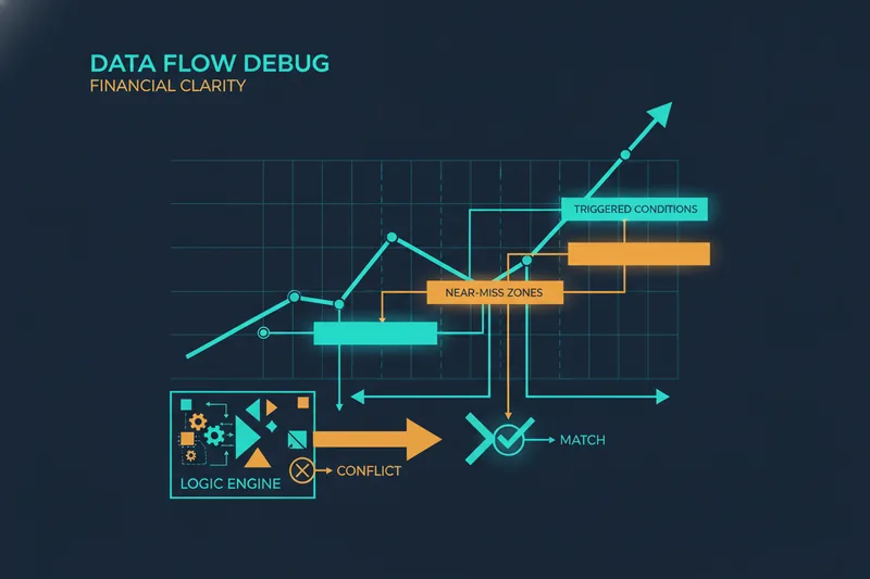 Debugger highlights triggered and near-miss chart zones for bot conditions