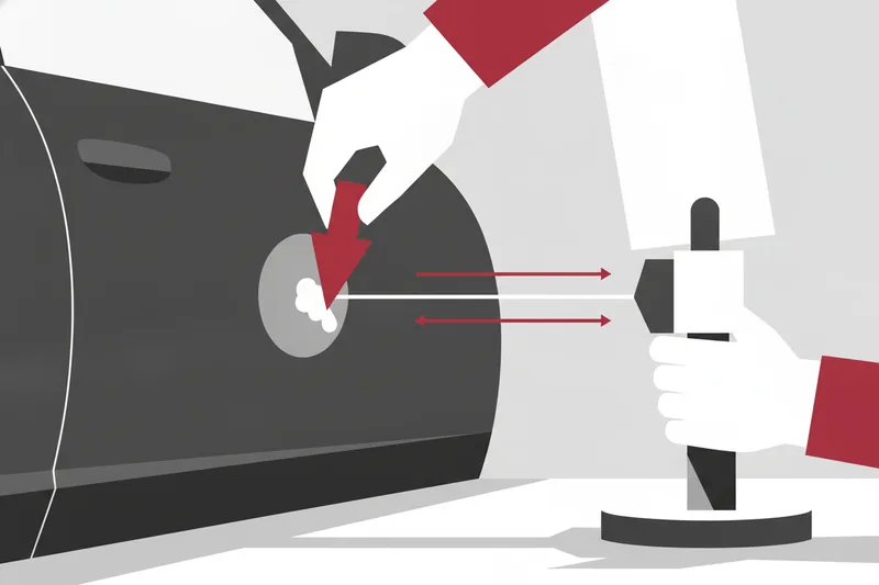 Technician applies a cold-glue tab and pulls a dent from the outside