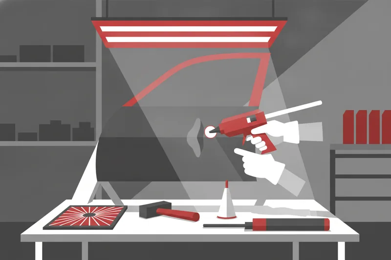 Workshop scene showing PDR tools and lighting over a dented panel for glue pull and hammer work