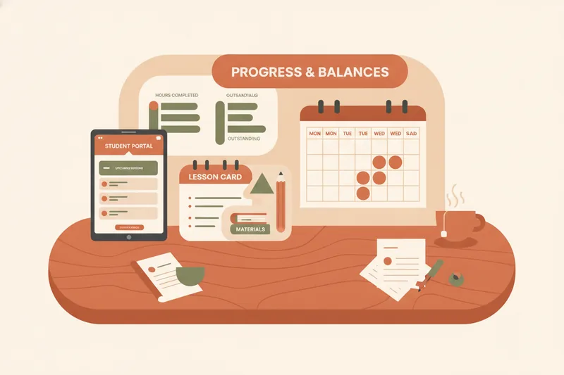 Calm tutoring workspace showing linked scheduling, lesson materials, and balance tracking