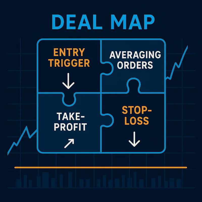 Strategy map with connected blocks for entry, averages, exit, and stop-loss