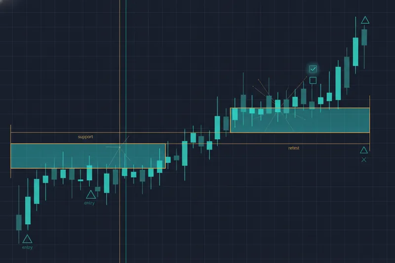 Illustration of a chart where a failed order block flips into a breaker zone with a retest and rules implied by glowing geometry.
